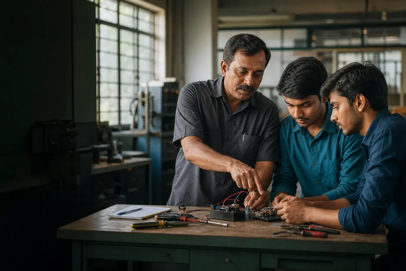Instructor guiding two trainees around an electronics project